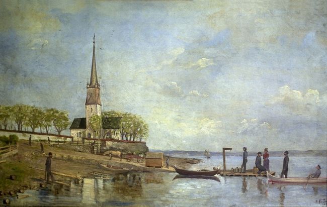 Nes kirke_brygge_malt_av_Martin_Finborud_1861_1930_s